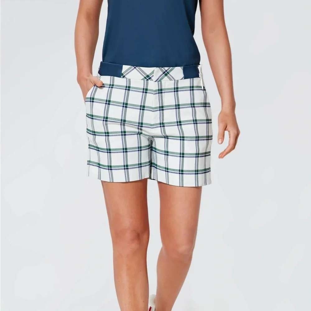 NEW Tuckernuck Lattice Plaid 5" Golf Shorts White Green Navy Womens Small